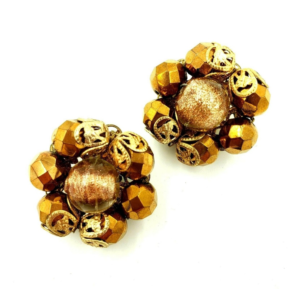 Hollycraft Copper Tone Rhinestone Clip Earrings